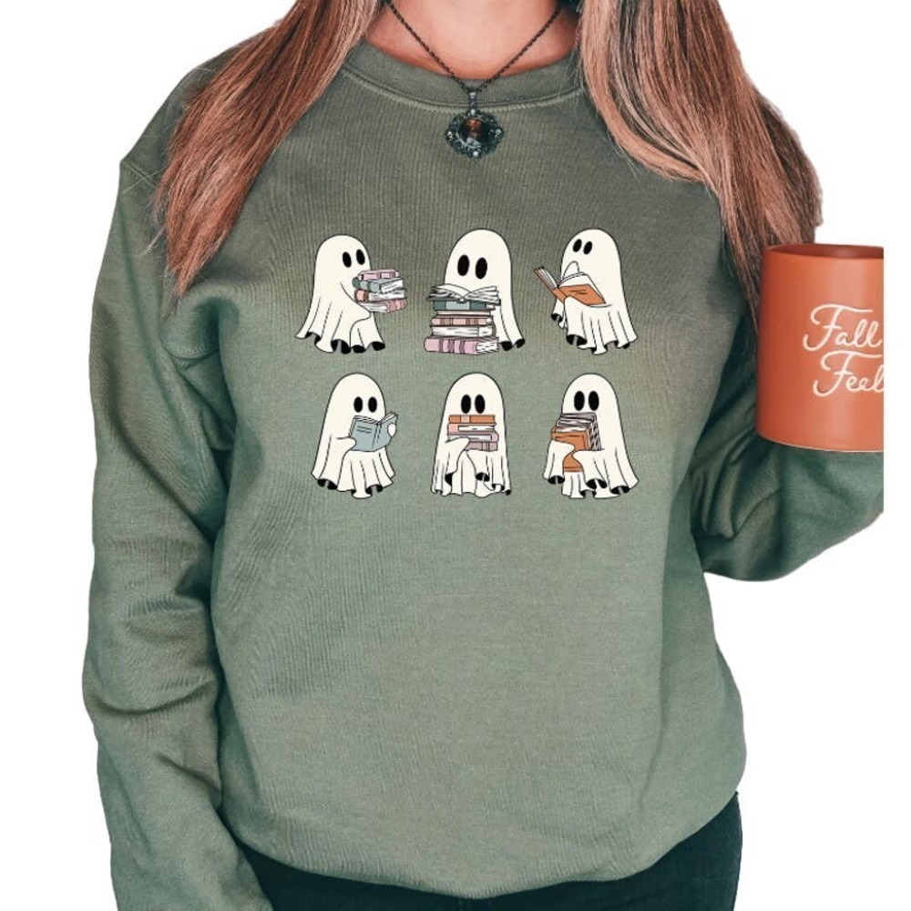 Book Reading Ghost Sweatshirt in Green, Size M​​​​​